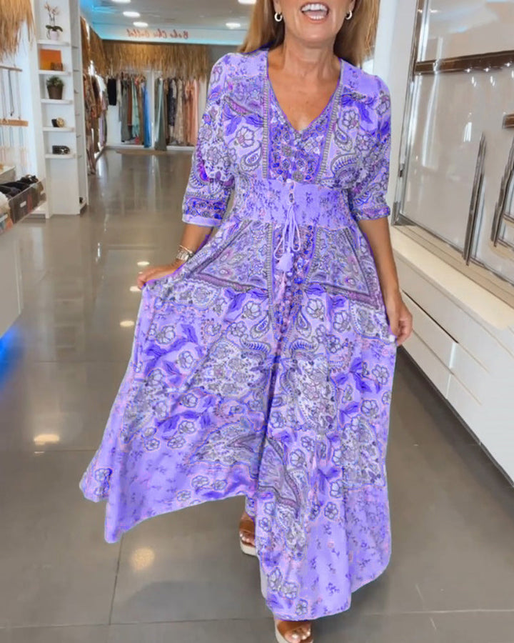 Vestito da vacanza con scollo a V e maniche 3/4