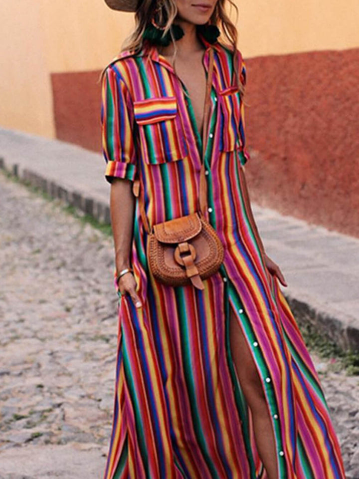 Robe Longue Chemise Femme à Rayures Multicolores – Boutonnée, Style Bohème Chic
