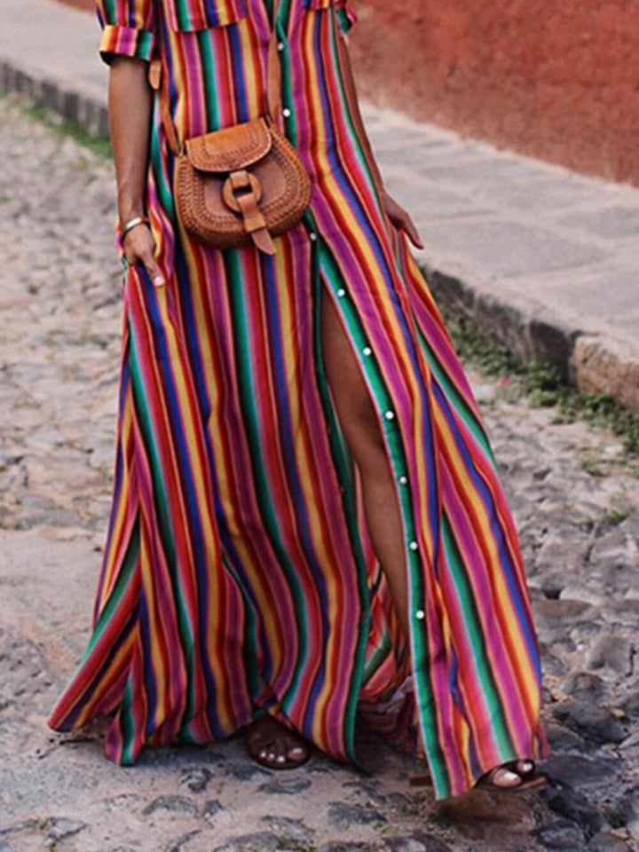Robe Longue Chemise Femme à Rayures Multicolores – Boutonnée, Style Bohème Chic