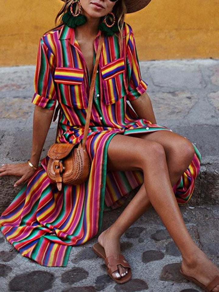 Robe Longue Chemise Femme à Rayures Multicolores – Boutonnée, Style Bohème Chic