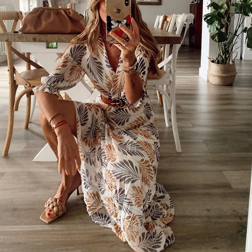 Robe Portefeuille Femme – Imprimé Feuilles Élégant – Taille Ceinturée & Manches Mi-Longues