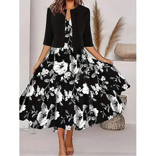 Abito floreale con blazer per donne invitate a un matrimonio | Midi