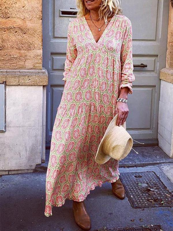 Robe Longue Bohème Femme – Imprimé Cachemire Vintage & Décolleté V – Manches Longues Légères