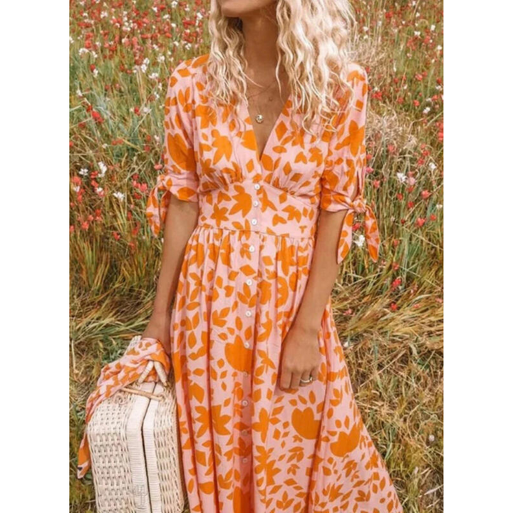 Robe Boho À Col V Et Manches Nouées | Maxi