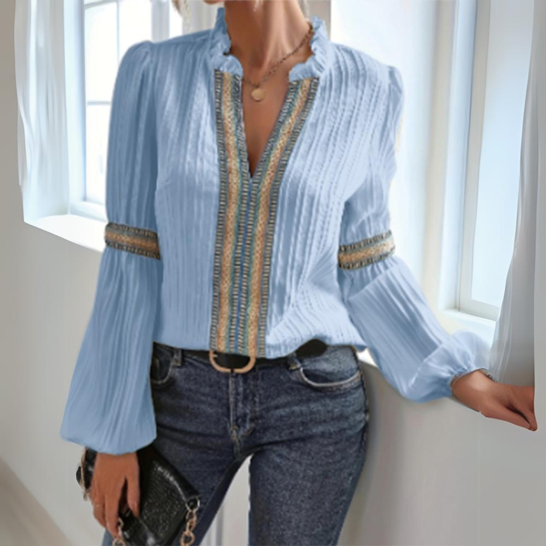 Blouse Femme Chic à Manches Longues – Col Froncé & Broderie Ethnique