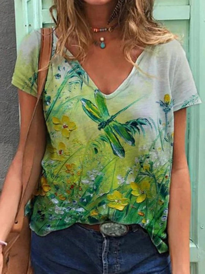 T-Shirt mit V-Ausschnitt und floraler Kunstmalerei