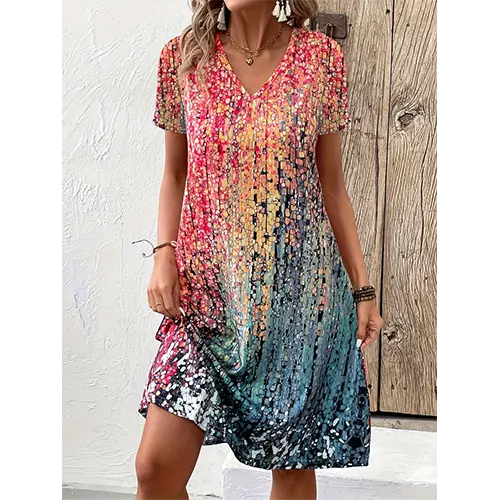 Buntes Sommerkleid mit kurzen Ärmeln für Damen | Mini