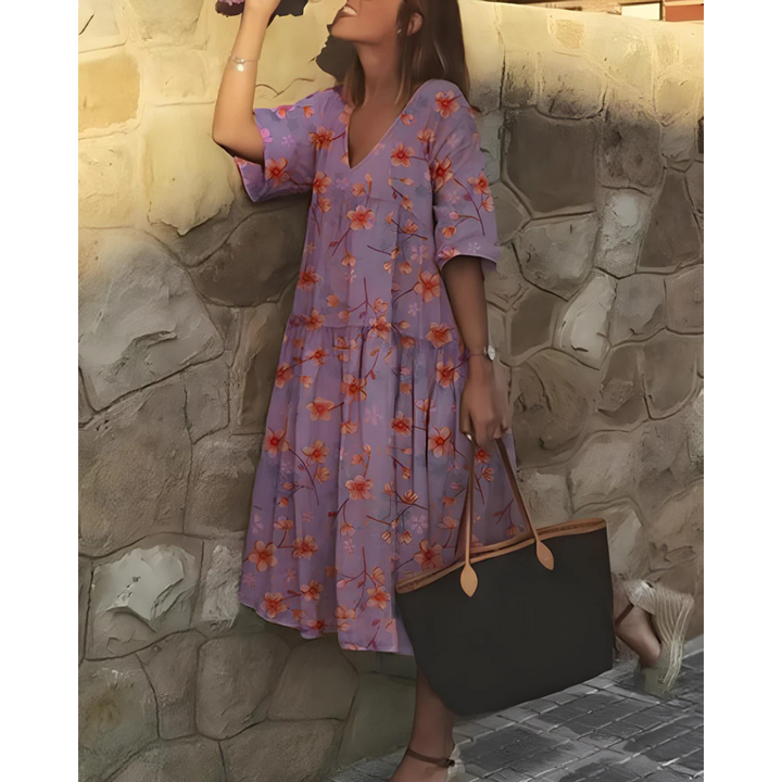 Robe Boho À Col En V Et Manches Courtes Pour Femmes | Midi