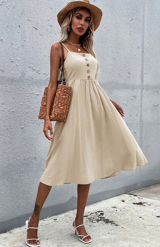 Robe Évasée Femme Été Bretelles Fines – Boutonnée, Style Décontracté Bohème