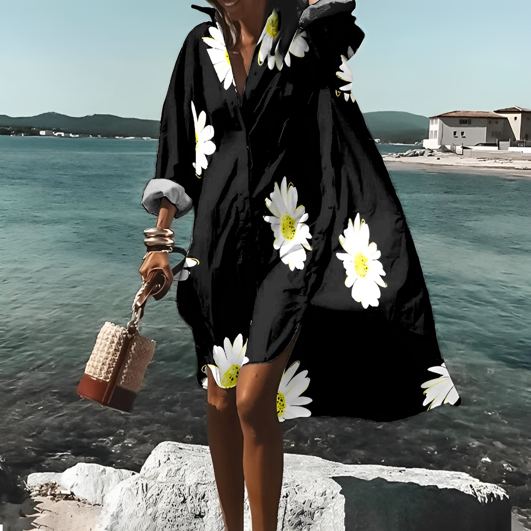 Robe Chemise Oversize Femme – Motif Graphique & Coupe Décontractée – Look Bord de Mer ou Vacances
