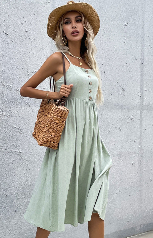 Robe Évasée Femme Été Bretelles Fines – Boutonnée, Style Décontracté Bohème