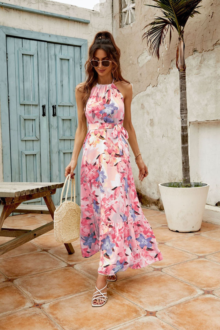 Robe Longue Fleurie Femme – Col Halter, Dos Nu et Ceinture à Nouer