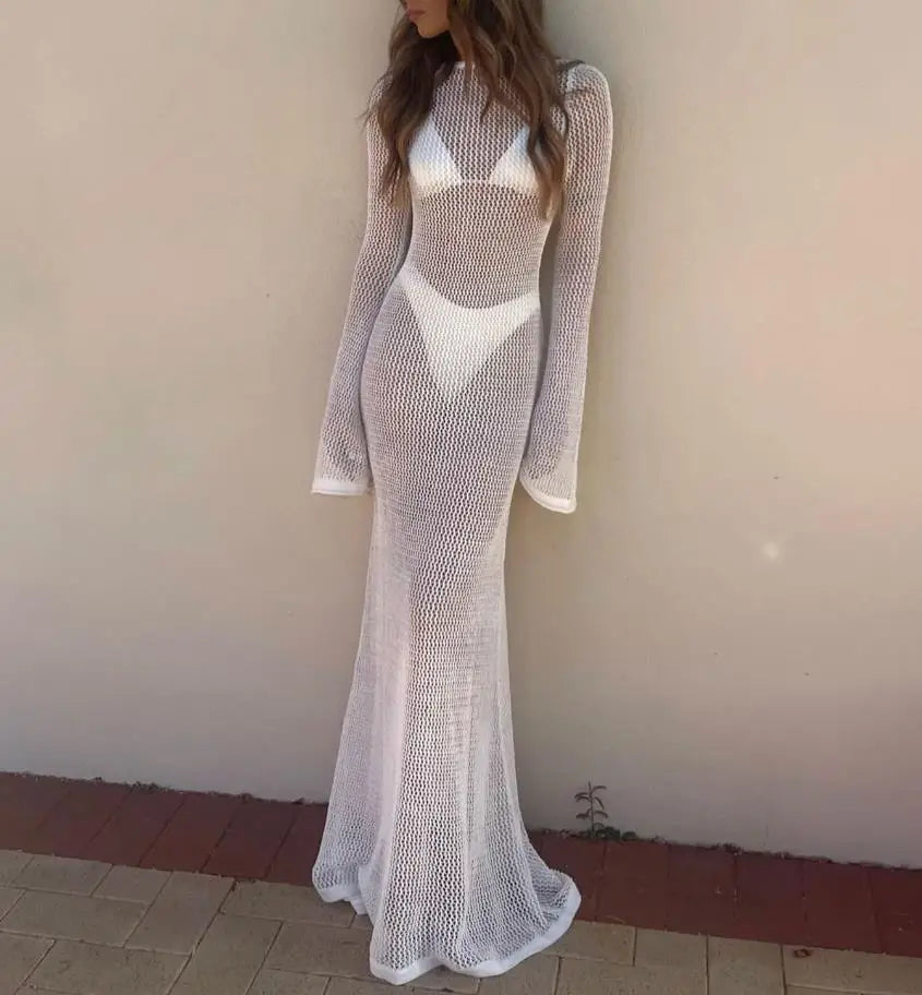 Robe Longue Filet Femme – Tenue de Plage Transparente Sexy à Manches Longues