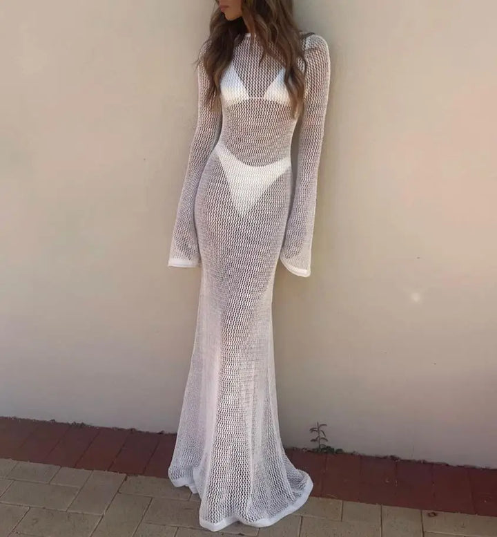 Robe Longue Filet Femme – Tenue de Plage Transparente Sexy à Manches Longues