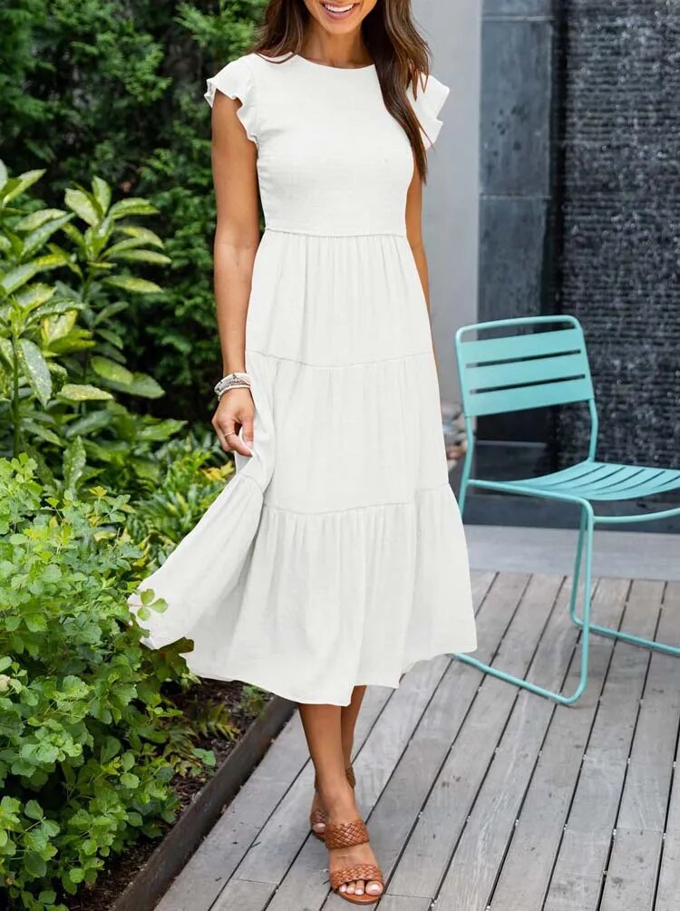 Robe Longue Casual Femme – Style Bohème, Manches Volants et Coupe Évasée en Étages