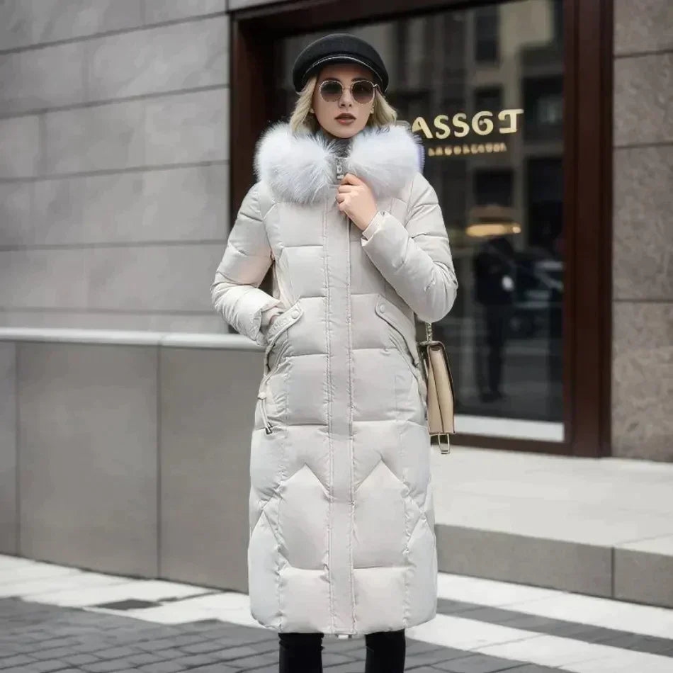 Marine - Manteau d'Hiver Nordiva avec Fausse Fourrure: Long et Élégant