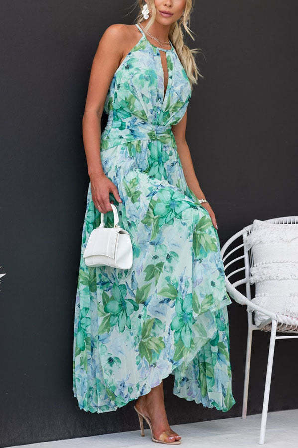 Robe Longue Dos Nu Femme – Imprimé Floral Aérien & Décolleté Plongeant – Parfaite pour Été & Cérémonies