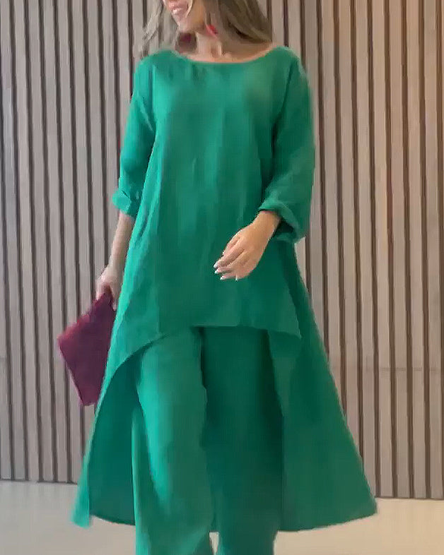 Tenue deux pièces en coton et lin pour femmes, couleur unie, coupe ample, décontractée, pour l'automne