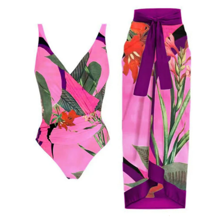 Einteiliger Bikini mit Abdeckung für Damen | Motiv Blumen