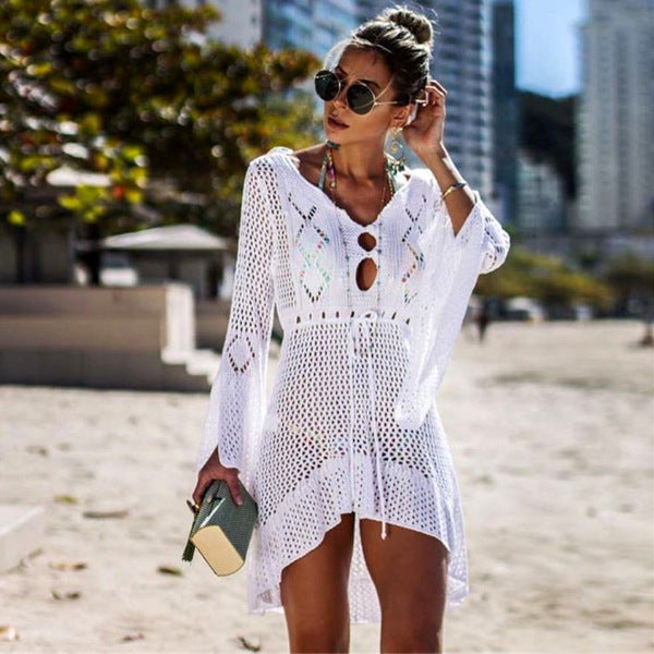 Robe de Plage Femme Crochet – Tunique Transparente avec Manches Longues et Détail à Lacet