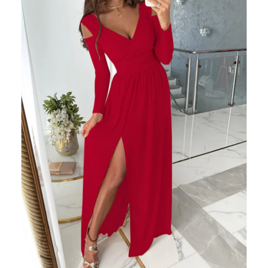 Abendkleid mit langen Ärmeln und Schlitz für Damen | Maxi