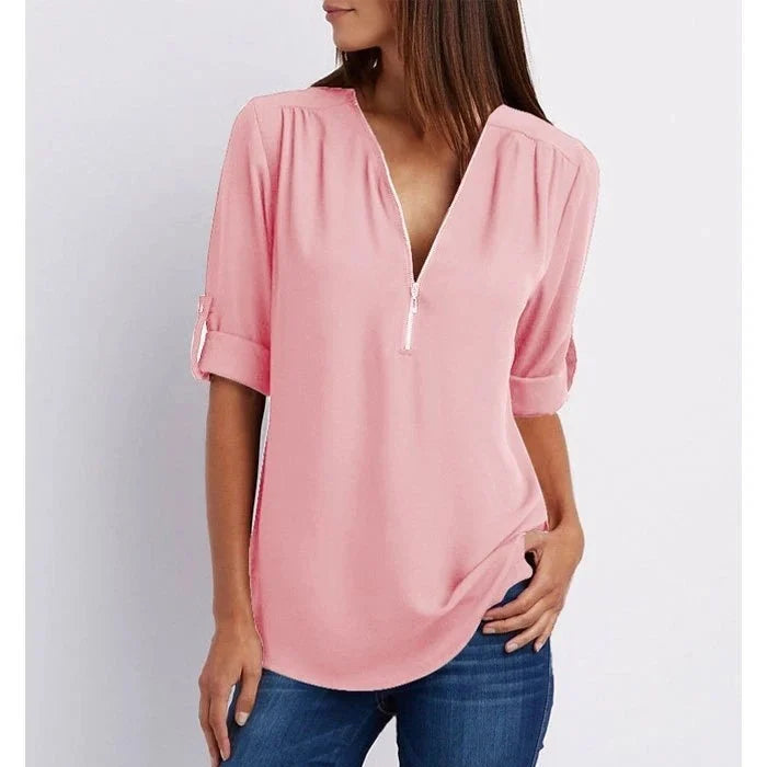 Marta | Blusa taglie forti a maniche 3/4 ampia con cerniera