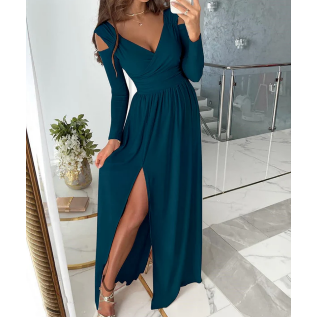 Abendkleid mit langen Ärmeln und Schlitz für Damen | Maxi