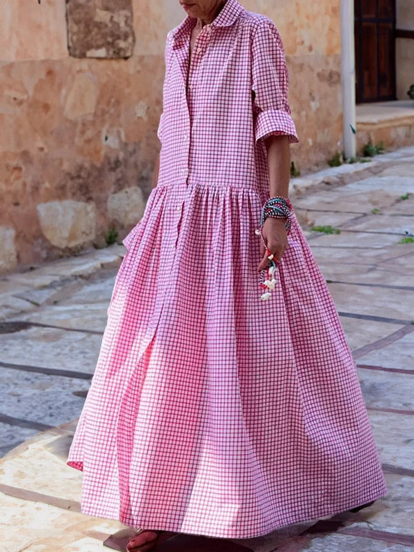 Robe décontractée à manches longues en coton, lin et tissu à carreaux
