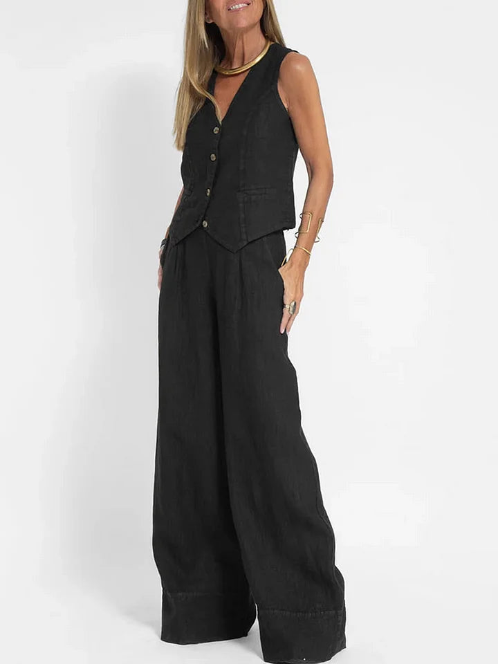 Ensemble deux pièces en lin tweed avec gilet - Élégant et respirant