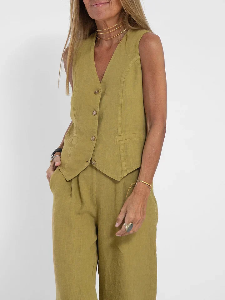 Ensemble deux pièces en lin tweed avec gilet - Élégant et respirant