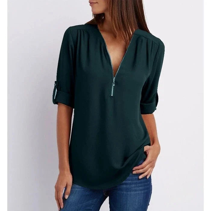 Marta | Blusa taglie forti a maniche 3/4 ampia con cerniera