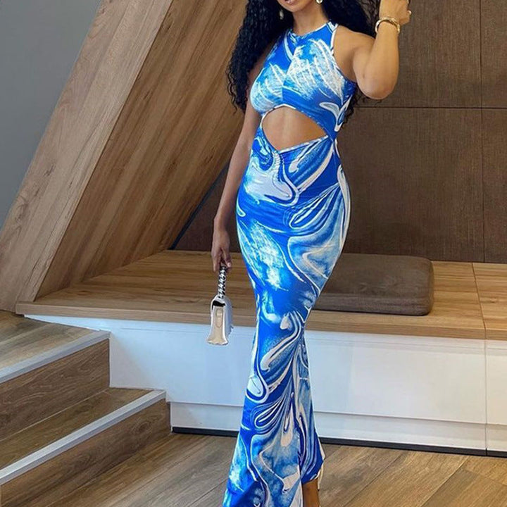 Robe Longue Femme Ajustée – Imprimé Marbré & Découpes Sexy – Style Clubwear ou Soirée Tendance