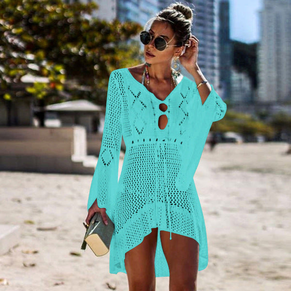 Robe de Plage Femme Crochet – Tunique Transparente avec Manches Longues et Détail à Lacet