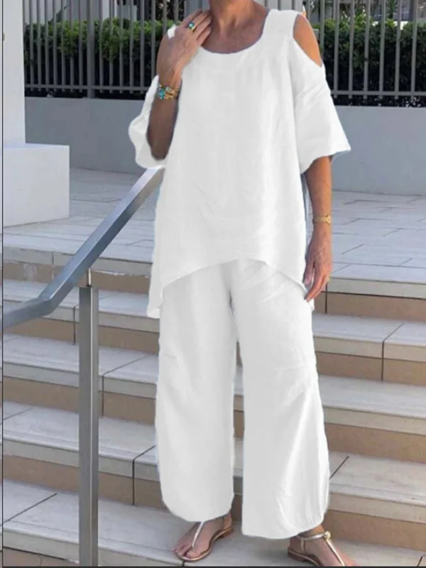 Ensemble Hose mit kurzen Ärmeln aus Baumwoll-Leinen mit Rundhalsausschnitt für Damen