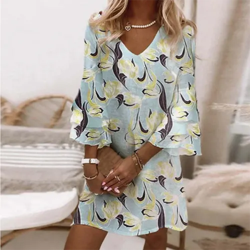 Bedrucktes Sommerkleid mit langen Ärmeln für Damen | Mini