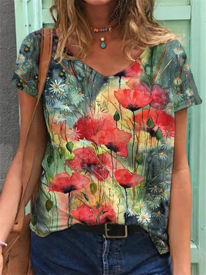 T-Shirt mit V-Ausschnitt und floraler Kunstmalerei