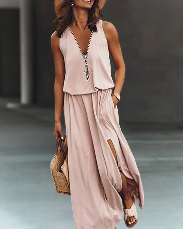 Leyra - Robe longue fluide avec fermeture éclair et fente