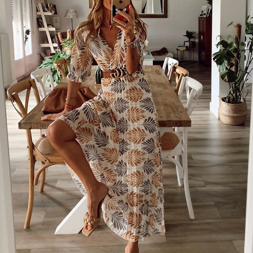 Robe Portefeuille Femme – Imprimé Feuilles Élégant – Taille Ceinturée & Manches Mi-Longues