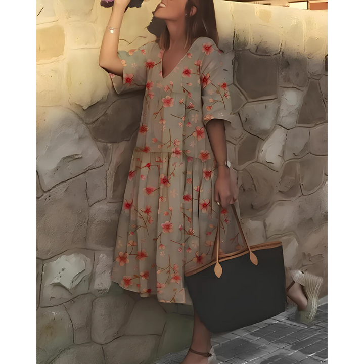 Robe Boho À Col En V Et Manches Courtes Pour Femmes | Midi