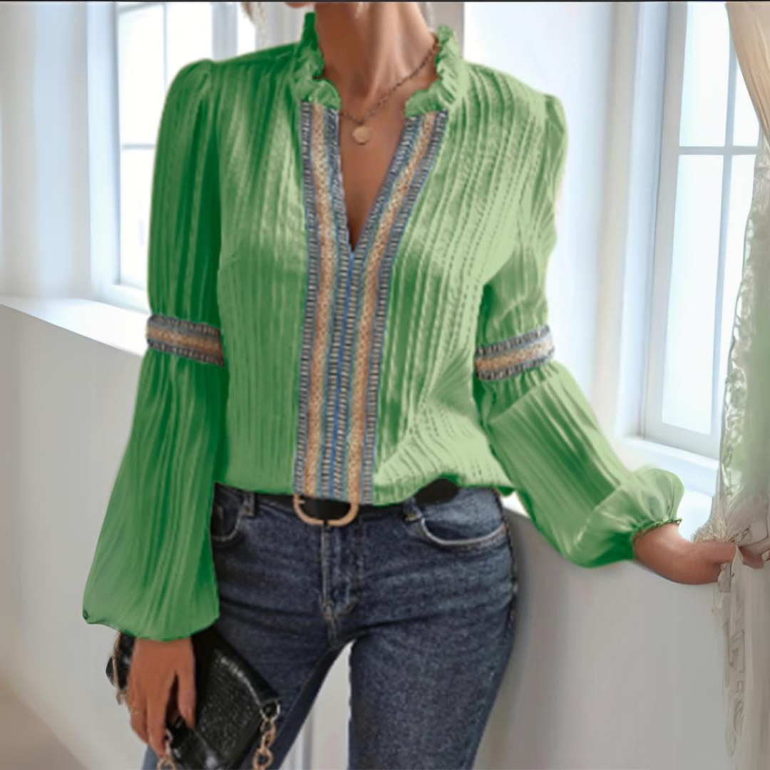 Blouse Femme Chic à Manches Longues – Col Froncé & Broderie Ethnique