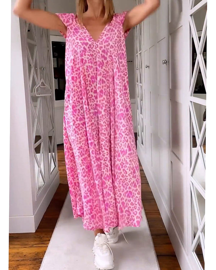 Minette - Robe longue imprimée col V et manches courtes