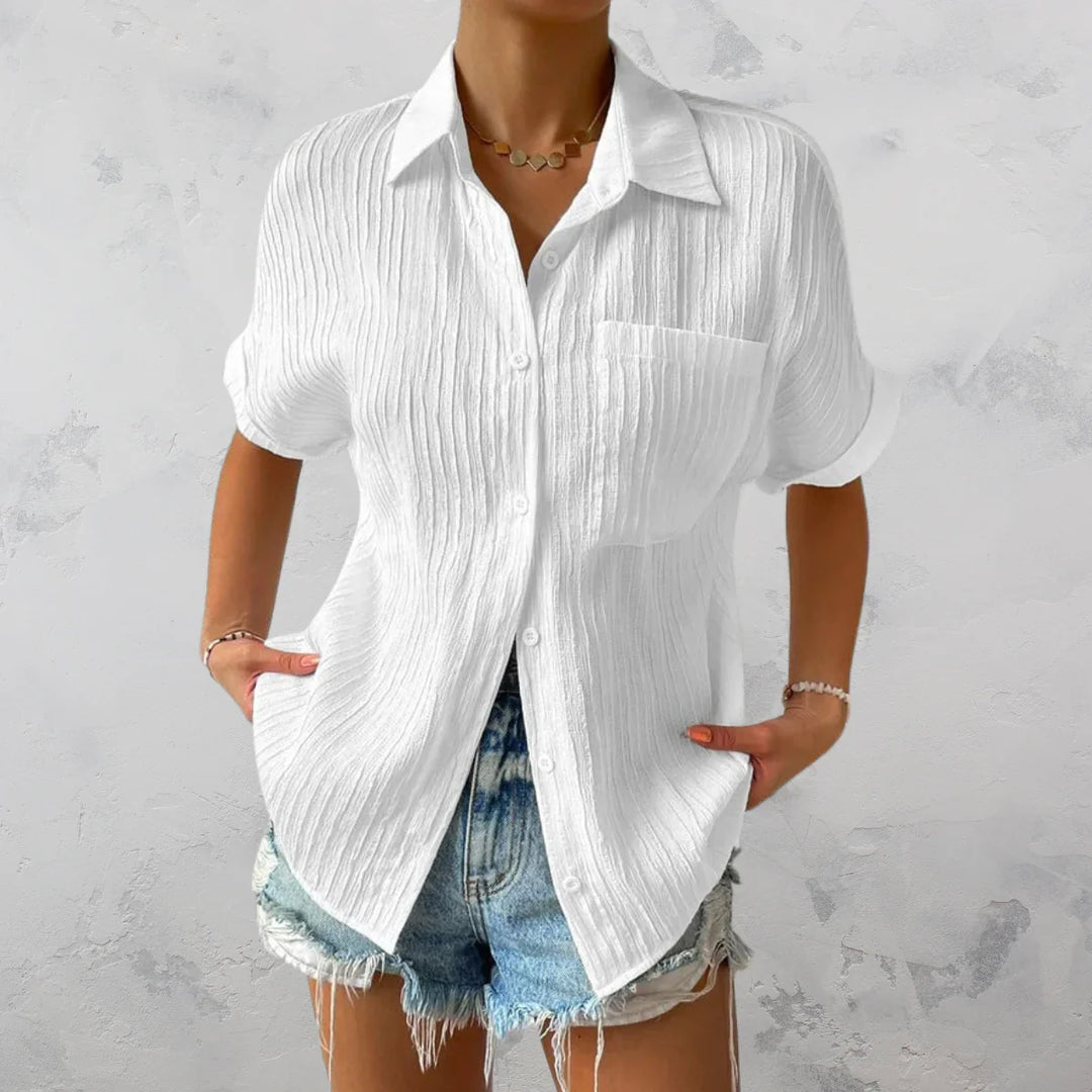 Texturiertes, lässiges Sommerhemd mit Knöpfen für Damen | Kurze Ärmel