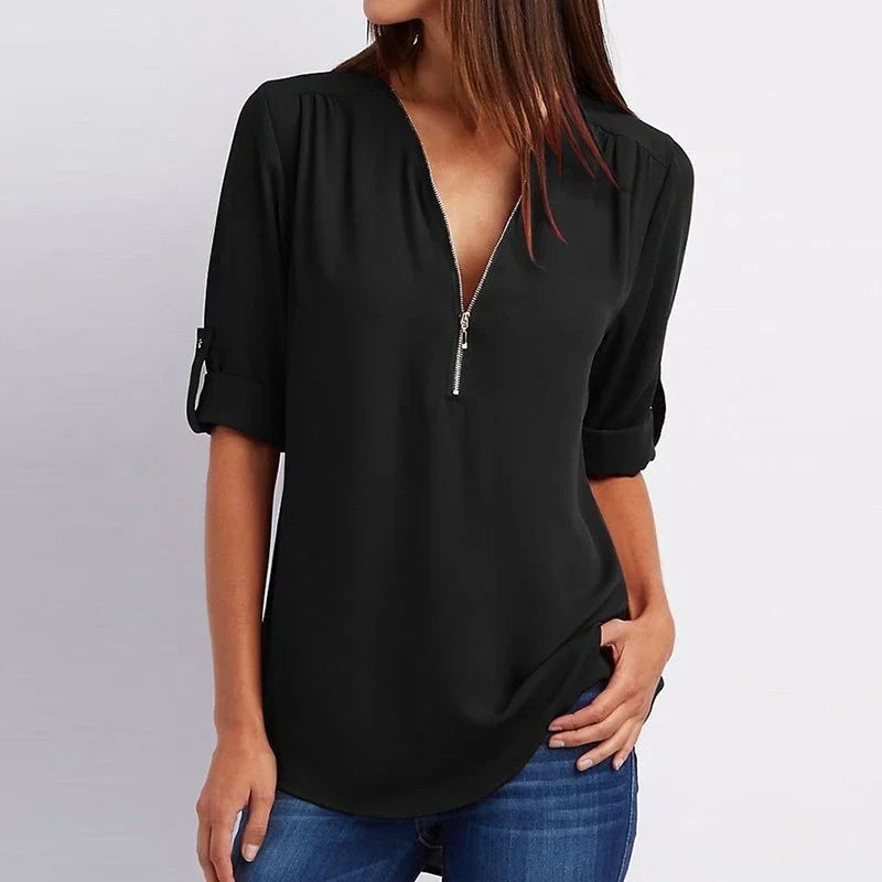 Marta | Blusa taglie forti a maniche 3/4 ampia con cerniera