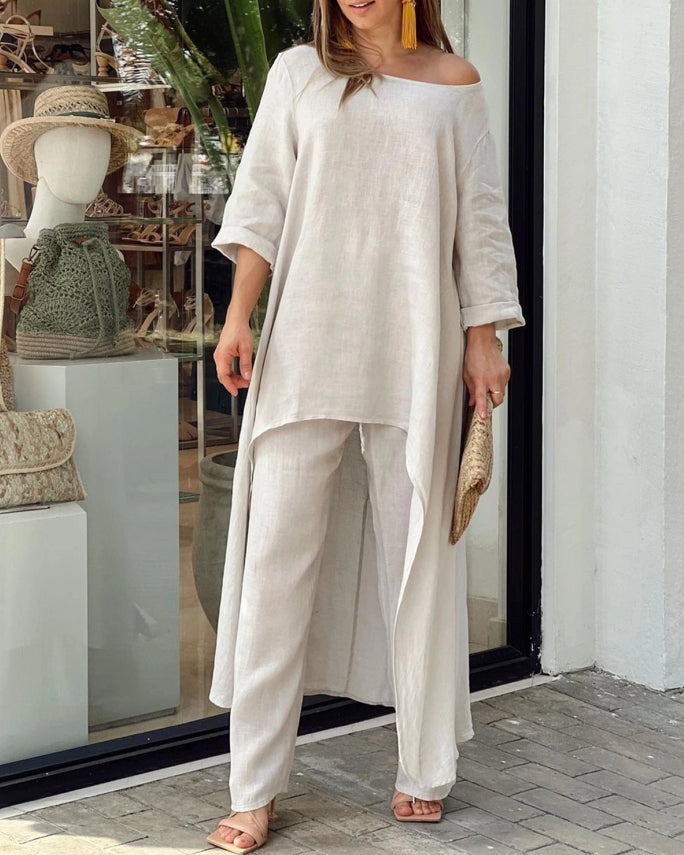 Tenue deux pièces en coton et lin pour femmes, couleur unie, coupe ample, décontractée, pour l'automne