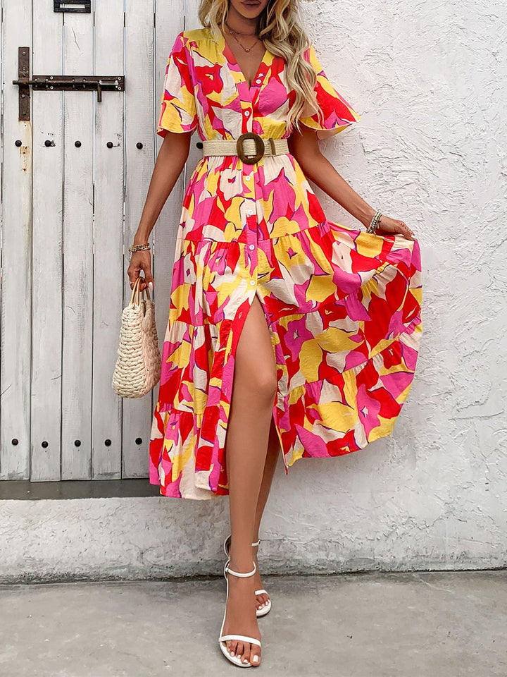 Robe Midi Fleurie Femme – Boutonnée, Ceinturée à Taille Haute avec Manches Courtes