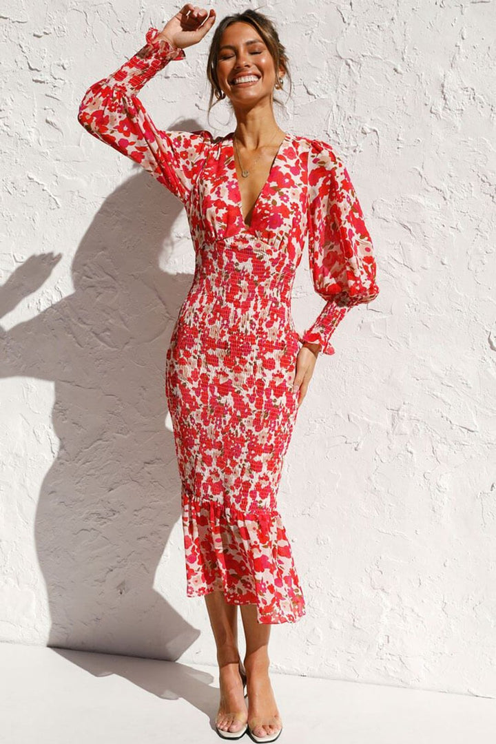 Robe Midi Fleurie Femme – Manches Longues Bouffantes, Taille Smockée et Bas Volanté