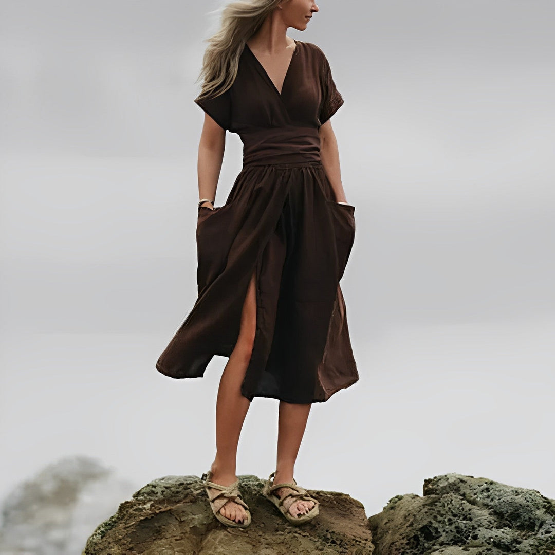 Robe Midi Femme – Style Enveloppant avec Taille Drapée & Grandes Poches – Élégance Minimaliste Décontractée