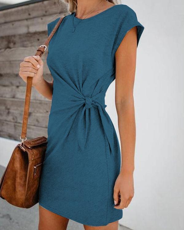 Robe Courte Femme Casual à Nœud Taille – Manches Cap, Style Décontracté Chic