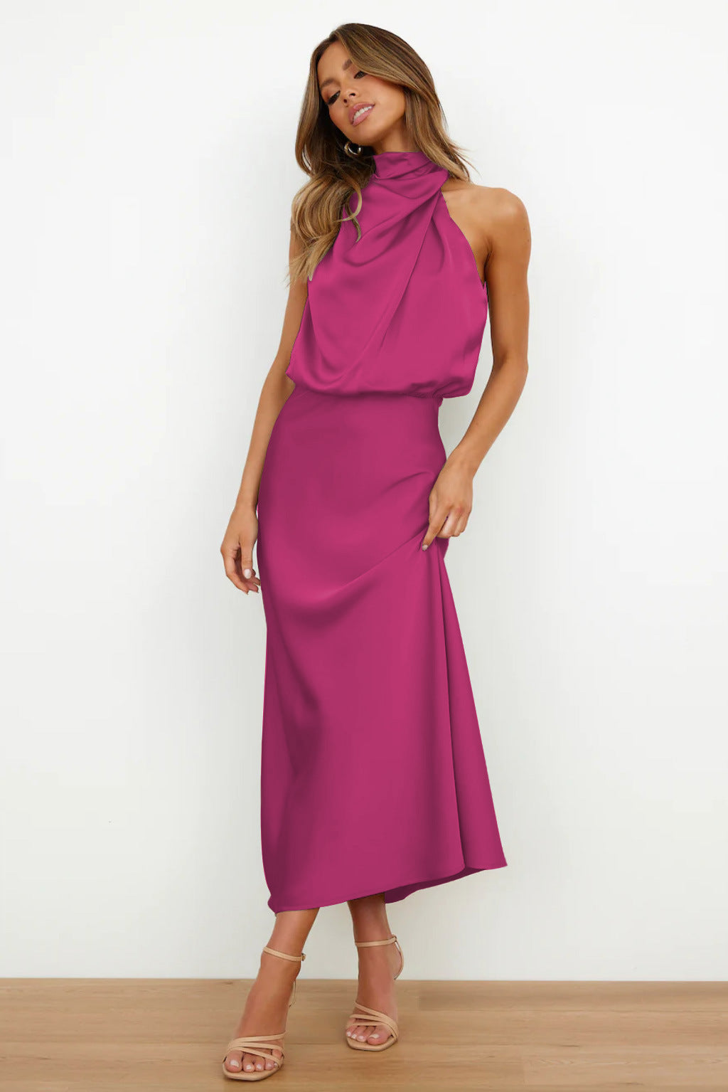 Robe Midi Femme Élégante – Robe Satinée Col Haut Drapé pour Soirée ou Occasion Spéciale