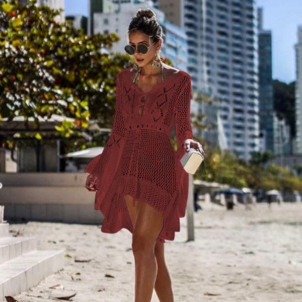 Robe de Plage Femme Crochet – Tunique Transparente avec Manches Longues et Détail à Lacet